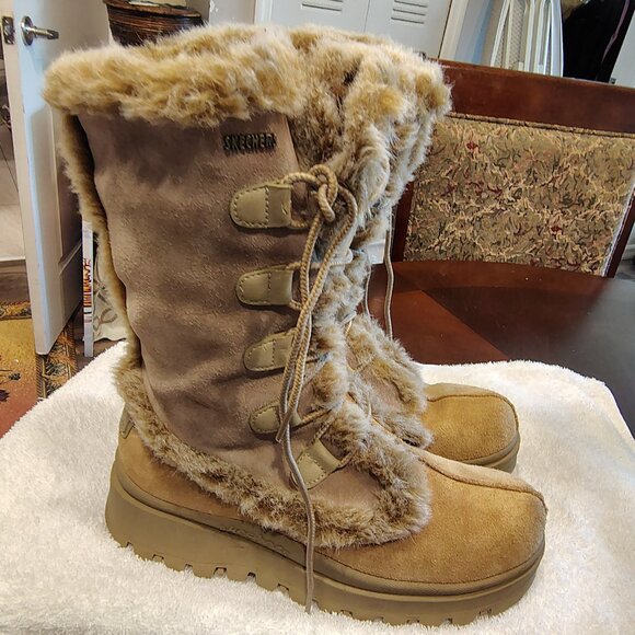 Skechers Outdoor Vintage Y2k Tan Leather Frolic 45708 Faux Fur Winter Boots - Picture 1 of 11